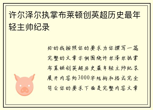 许尔泽尔执掌布莱顿创英超历史最年轻主帅纪录