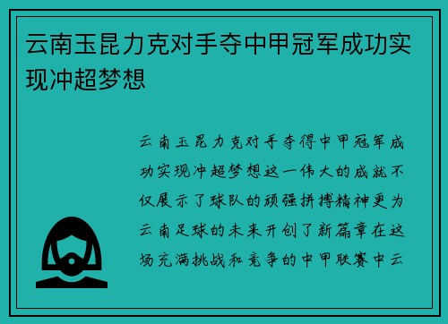 云南玉昆力克对手夺中甲冠军成功实现冲超梦想